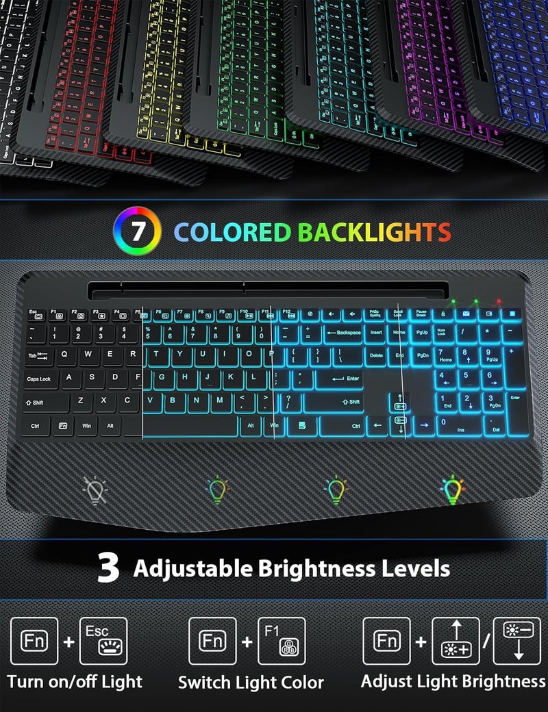 SABLUTE Wireless Keyboard and Mouse Backlits, Wrist Rest, LED Mouse, Rechargeable Ergonomic Keyboard with Phone Holder, Silent Light Up Combo for Computer, Mac, PC, Laptop, Chromebook (Black) - Image 2